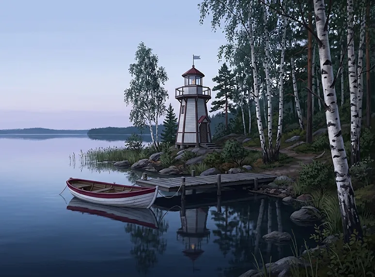 A calm Finnish lake at blue hour: a red-roofed lookout tower on the rocky shore among birches, a white rowing boat at the jetty